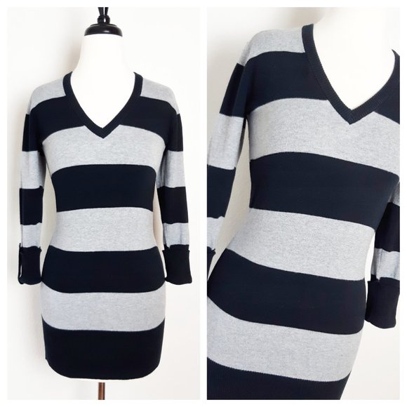 Dots Striped Tuinc Sweater Gray and Black Wide Stripe V Neck Cuffed Crop Sleeve - Picture 3 of 8